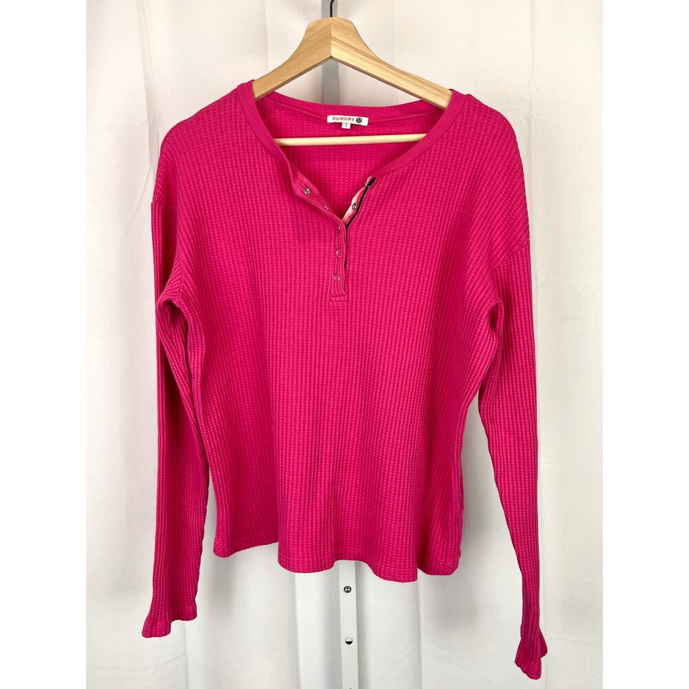 SUNDRY Evereve  Size 2 US M Thermal Stripe Trim Snap Henley Top Pullover Pink